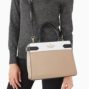 Kate Spade Staci Medium Satchel Warm Beige NWT white black Colorblocked